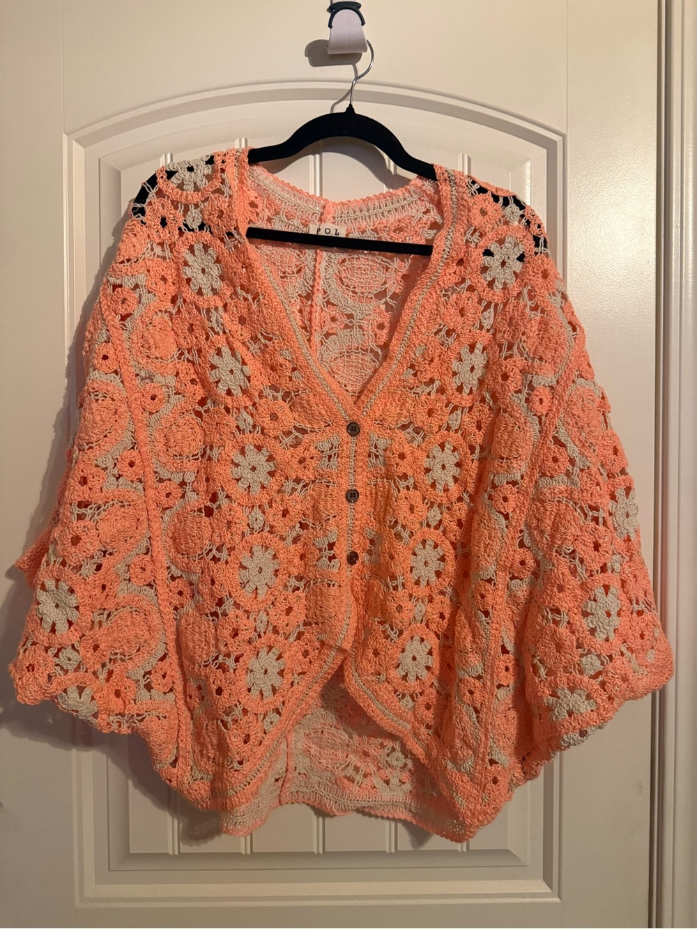 POL Crochet Floral Button Poncho - Peach and Cream